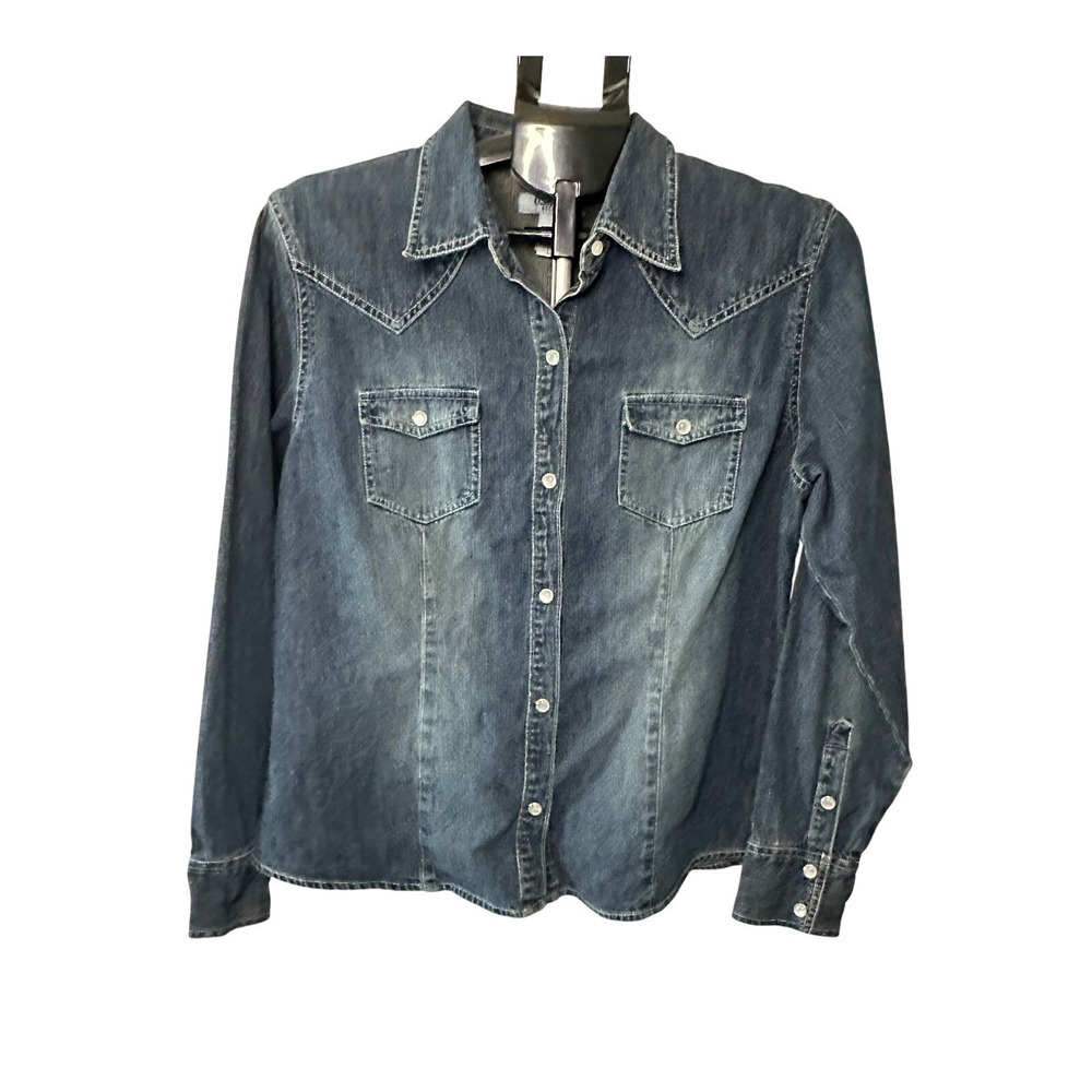 OshKosh Bgosh Womens Large Denim Western Shirt Pearl Snap Dark Wash Blue Cotton